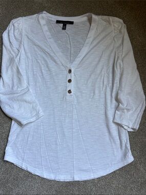 White House Black Market White V-Neck Button Henley Tunic - 3/4 Sleeve